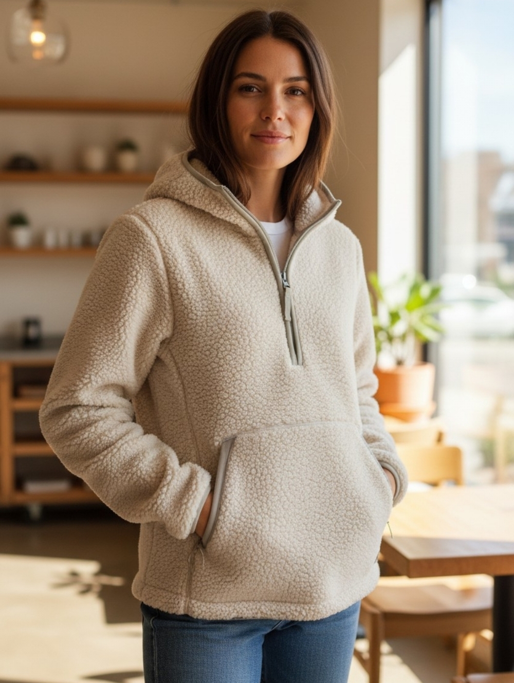 The North Face Teddy Jacket Hoodie Fleece Sherpa Womens Coat Cream Quarter Zip